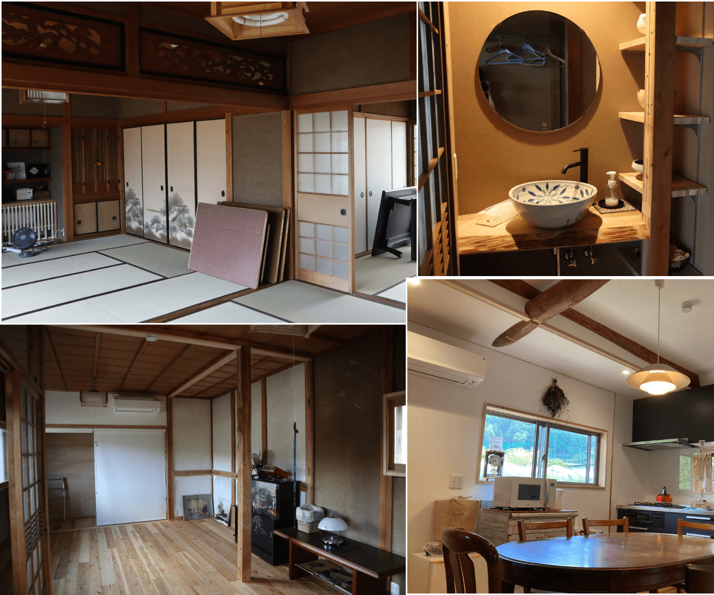 Sasabaseの古民家内部 — 和室・洗面・広間・キッチン